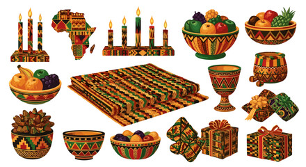 Arrangement of kwanzaa elements including candles, fruit bowls, gifts, and african continent design