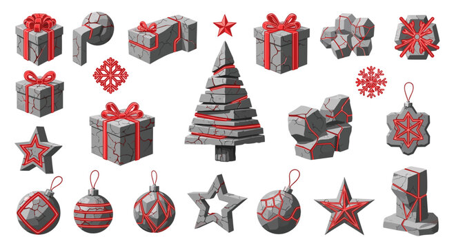 Illustration of stone textured christmas tree gifts and ornaments with red glowing accents on a white background
