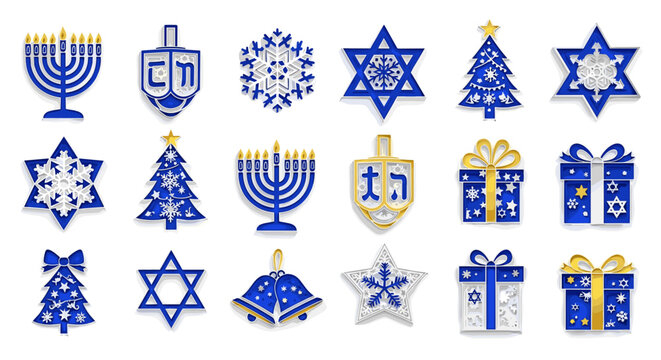 Collection of hanukkah and christmas themed ornaments including menorahs dreidels and stars of david
