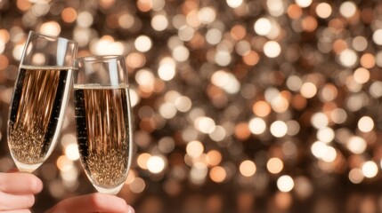 Pair of clinking champagne glasses against shimmering golden bokeh lights