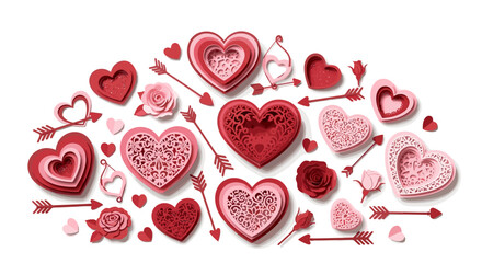 Arrangement of layered paper hearts roses and arrows for valentine's day celebration decor art design