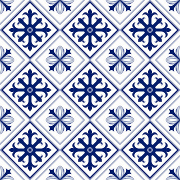 Seamless Pattern of Traditional Blue and White Ceramic Tiles with Geometric and Floral Motifs
