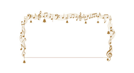 Elegant golden music notes and bells frame with a musical staff on a white background for decoration
