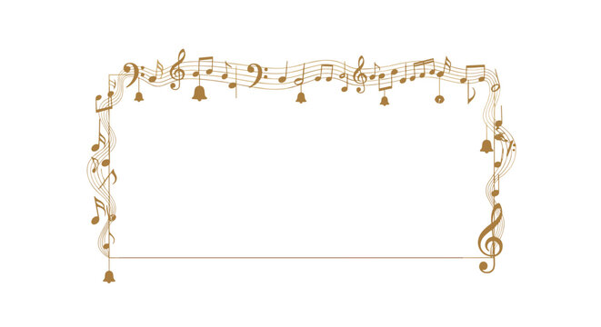 Elegant golden music notes and bells frame with a musical staff on a white background for decoration
