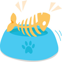 Yellow Fish Skeleton in Blue Pet Bowl with Paw Print and Sparkle Accents on Transparent Background Minimalist Flat Design