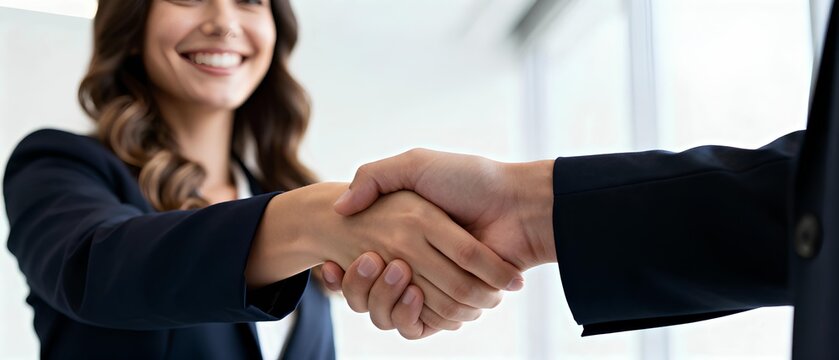 Successful business handshake between happy businesswoman and professional partner, corporate teamwork cooperation agreement, executive manager trust, formal meeting banner, businesspeople connection