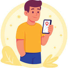 Young Man With Brown Hair Wearing Yellow T-shirt and Blue Jeans Holding Smartphone Showing Map With Red Location Pin Icon Inside Golden Circle With Sparkles And Yellow Leaves