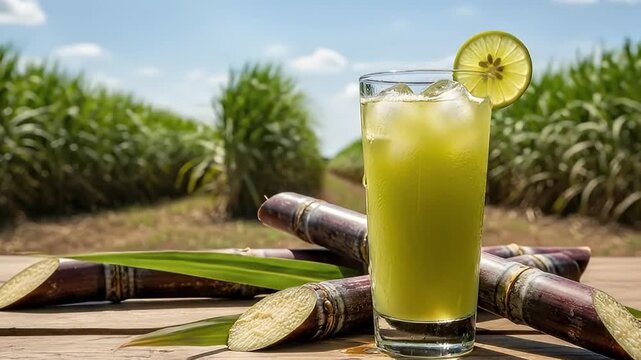 A vibrant, refreshing glass of fresh green juice, garnished with a bright lime slice and brimming with ice, sits invitingly on a rustic wooden surface. Behind it, several raw sugarcane stalks, some ex