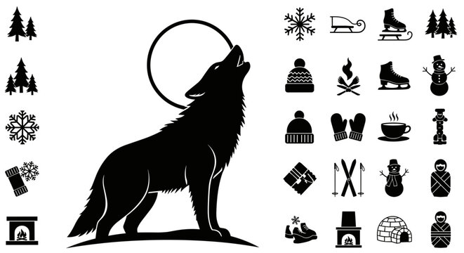 Silhouette of a howling wolf under a moon with winter themed icons scattered on a white background
