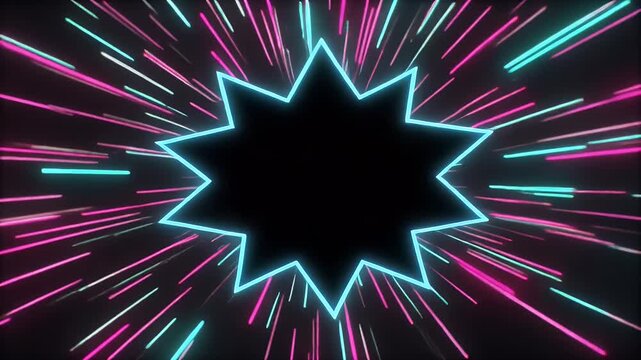 Vibrant neon starburst frame with energetic light streaks, creating a captivating digital background for impactful visual announcements and dynamic presentations