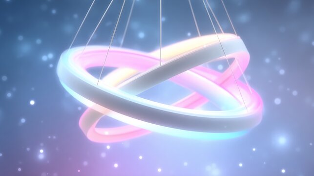 Abstract illuminated intertwined rings with gradient colors against a bokeh background