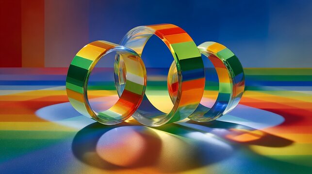 Abstract image of three transparent rings with rainbow colored stripes creating optical effects - Powered by Adobe