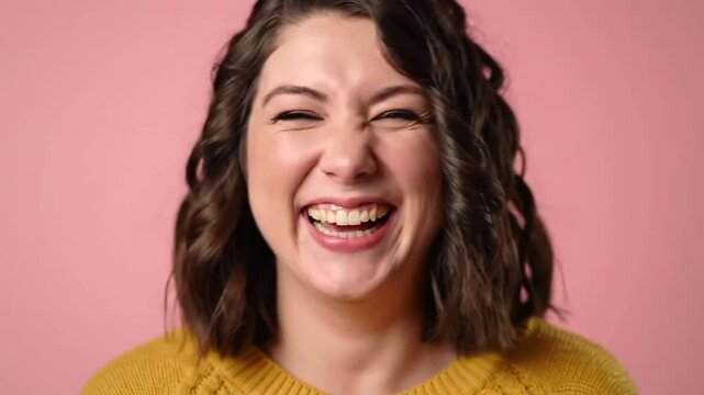 Joyful Woman's Genuine Laughter and Expressive Reaction Displayed on a Pink Background