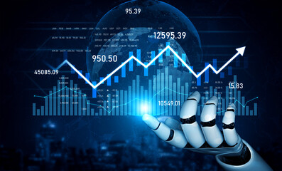 A futuristic robot hand interacts with digital financial data, showcasing a rising graph trend and global elements, symbolizing advancement in finance and technology. Scalp
