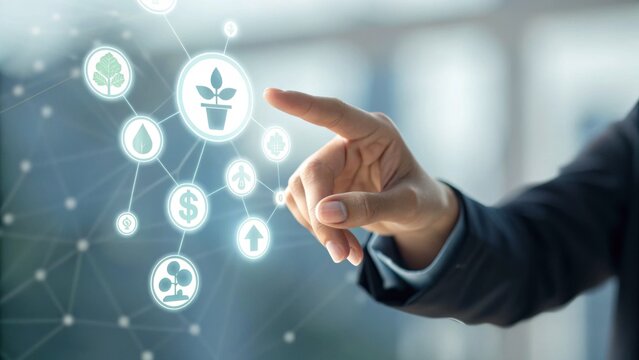A hand interacts with digital icons representing nature, finance, and growth, indicating a focus on sustainability and technology.