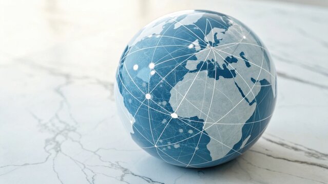 A globe depicting the world with a blue and white design, placed on a marble surface, symbolizing global connectivity and geography.