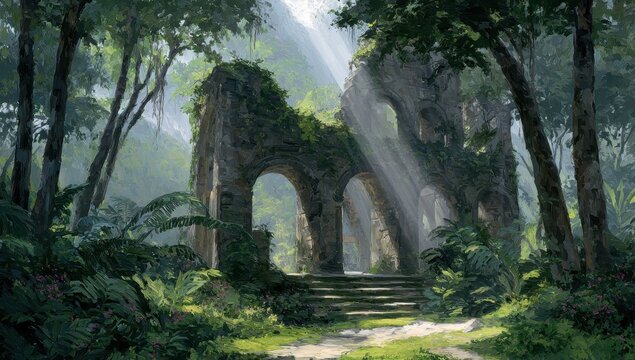 Vibrant photo of ancient stone ruin overgrown with lush green jungle vegetation