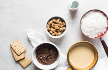 mise en place of ingredients used for making chocolate fudge