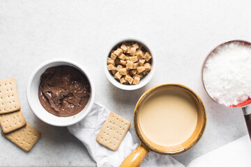 mise en place of ingredients used for making chocolate fudge