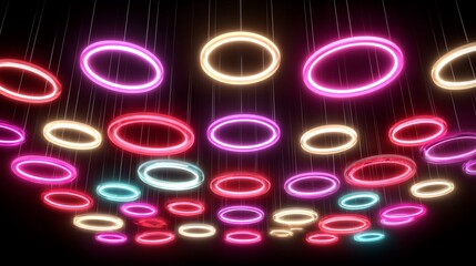 Abstract neon circles installation with vibrant pink, red, blue and yellow colors