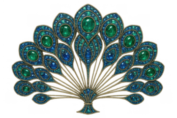 Peacock feather inspired jewelry piece, ornate golden brooch with emeralds and sapphires, luxurious gemstone accessory