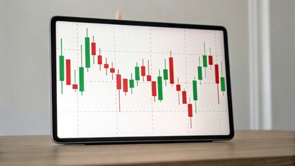 A digital screen displays a financial chart with red and green candlesticks, indicating stock market trends on a wooden surface.