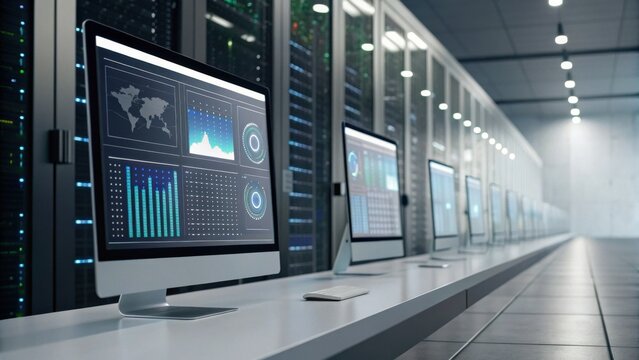 A modern data center featuring multiple computers displaying analytics on screens, surrounded by rows of server racks.