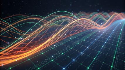 A vibrant digital landscape featuring colorful wave patterns against a grid background, representing data flow and technology.
