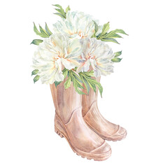 Watercolor milk peony in rubber boots isolated on white background. Shoes for summer or spring rainy walk. Waterproof vase. Protection wellingtons for work in garden. Clipart for wallpaper wrapping
