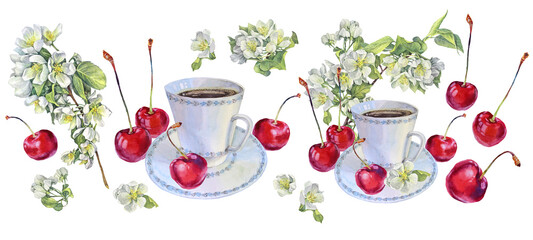 Watercolor set with porcelain cup with saucer of hot aromatic coffee for breakfast and cherry with flower isolated on white background. Beverage espresso or aroma tea and berry. Clipart for cafe card