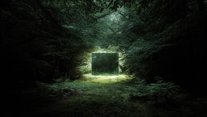 Obraz premium Vibrant photo of mysterious glowing portal or doorway in a dark, dense forest