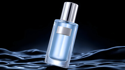 Clear glass perfume bottle with light blue liquid and a silver cap, tilting on a glossy, dark blue wavy surface. The image features a premium, aquatic, and masculine aesthetic.