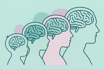 Evolution of Cognitive Development Illustrating Progressive Stages of Brain Growth Visualized Through Stylized Silhouettes and Soft Color Gradients Reflecting Mental Growth