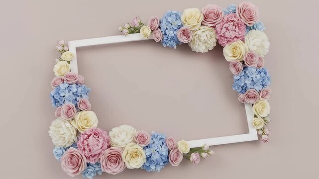 A white rectangular frame is beautifully bordered by an elegant arrangement of pastel artificial flowers, featuring soft pink and yellow roses, delicate blue hydrangeas, and graceful white peonies. Se