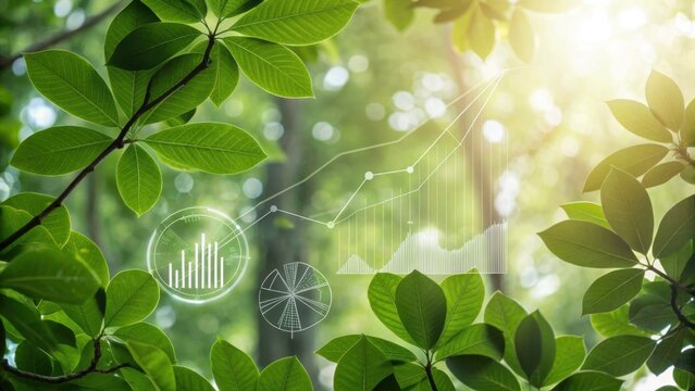 A vibrant green foliage background with data analytics graphics, symbolizing the blend of nature and technology in sustainable growth.