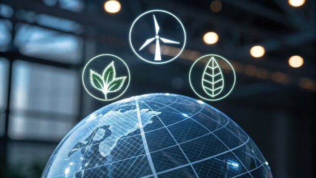A digital globe displaying symbols of sustainability, featuring a wind turbine and two leaf icons, emphasizing environmental awareness.
