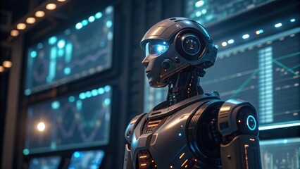 A futuristic robot stands in a tech-filled environment, illuminated by screens displaying data and graphics.