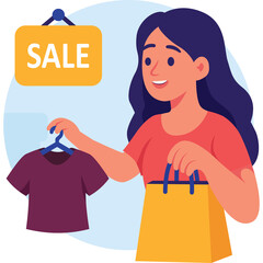 Naklejka premium Young Woman Holding Clothing Item and Shopping Bag with Sale Sign Displayed indoors in bright lighting