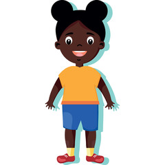 Young Girl with Pigtails and a Wide Smile Wearing an Orange T Shirt and Blue Shorts on a Transparent Background