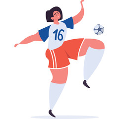 Young Woman In Red And White Soccer Uniform With Number 16 Playing With Ball On Transparent Background