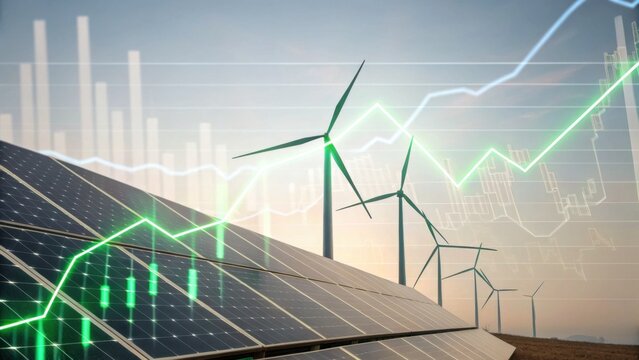 The image showcases solar panels and wind turbines, symbolizing renewable energy growth with overlaid graphs indicating positive trends.