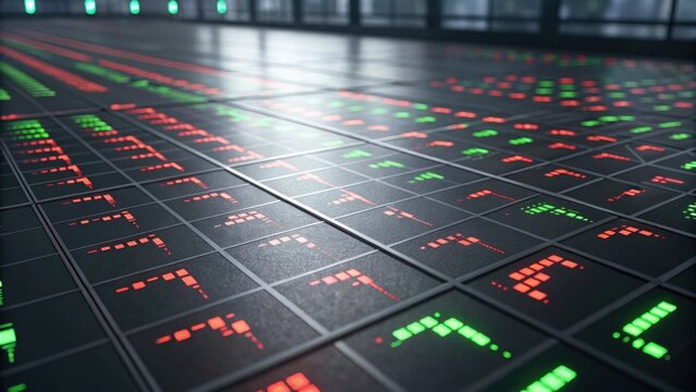A digital display of vibrant green and red indicators on a dark surface, representing data trends or metrics in a modern environment.