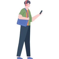 Young Man With Headphones And Blue Bag Walks While Looking At His Phone Illustration