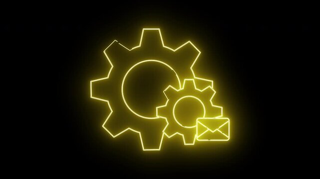 Yellow neon outline of two gears one larger than the other with a small envelope icon to the right Black background