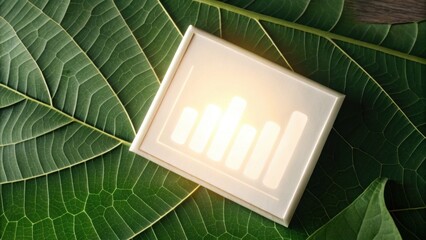 A graph icon is displayed on a light background, resting on vibrant green leaves, symbolizing growth and data analysis.