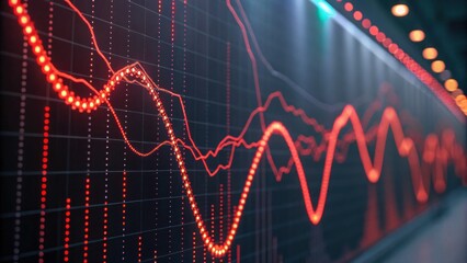 A digital display shows fluctuating data trends in a vibrant red and blue color scheme, representing dynamic information analysis.