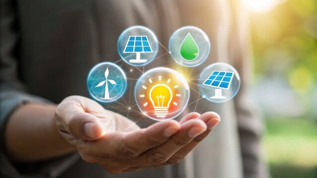 A hand holding icons representing renewable energy sources, including solar, wind, and water, symbolizing innovation in sustainability and green technology. - Powered by Adobe