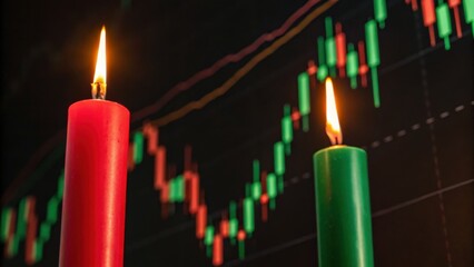 Two candles in red and green glow against a financial chart background, symbolizing market trends and trading activity.