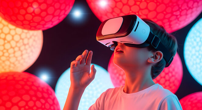 Immersive VR experience for young boy exploring digital worlds with virtual reality headset in vibrant, futuristic setting with glowing lights and innovative technology