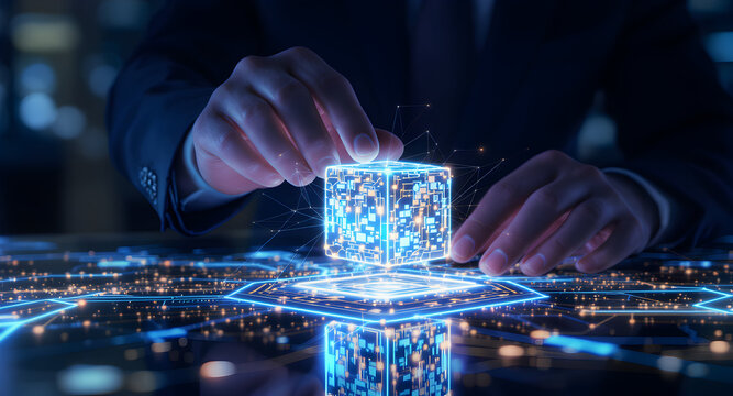 Explore future tech innovations with glowing digital cube, visualize cutting-edge AI, blockchain solutions, and quantum computing concepts in a modern and professional way